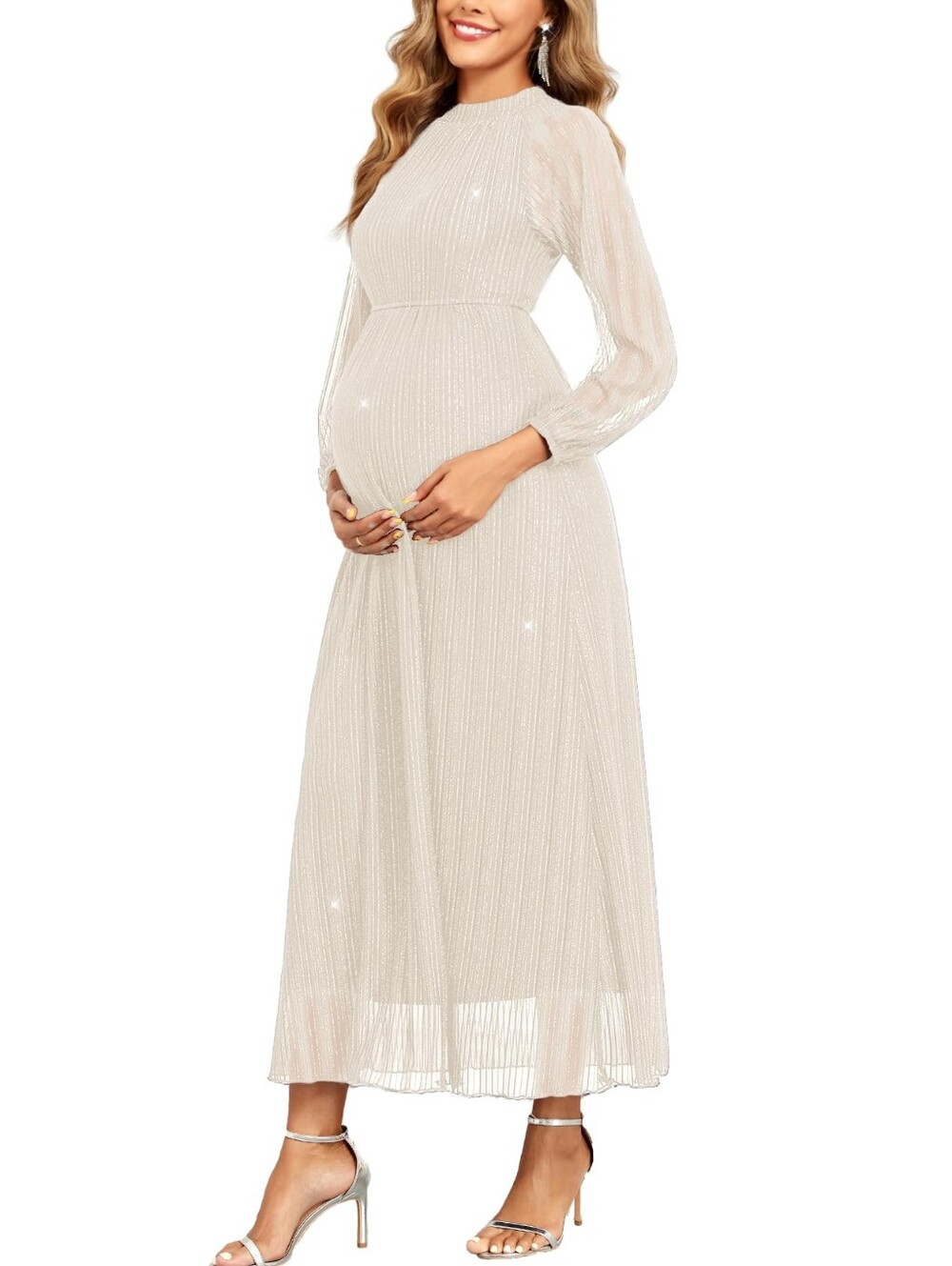 Elegant Sparkly Cream Halter Raglan Maternity Maxi Dress Long Sleeves, M